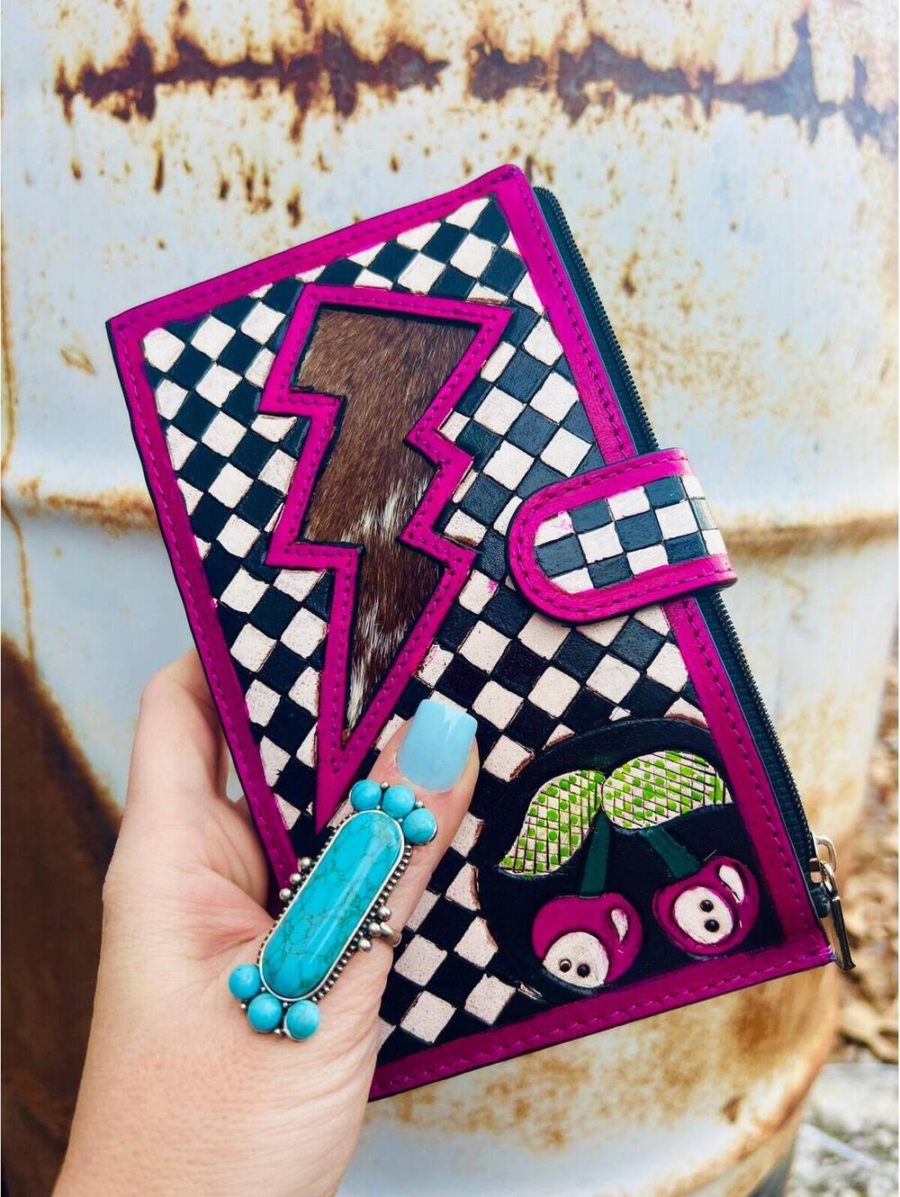 Pink Lighting Bolt and Checkers Long Wallet